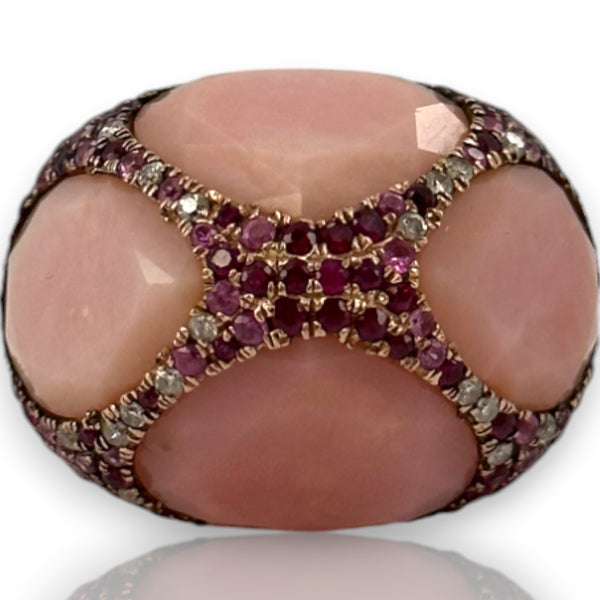 Custom Made Solid 14kt Rose Gold Large Bauble Ring with Simulated Glass Quartz, Lab Rubies, and Diamonds Size 7