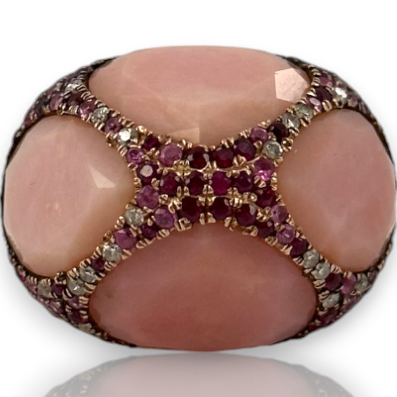 Custom Made Solid 14kt Rose Gold Large Bauble Ring with Simulated Glass Quartz, Lab Rubies, and Diamonds Size 7