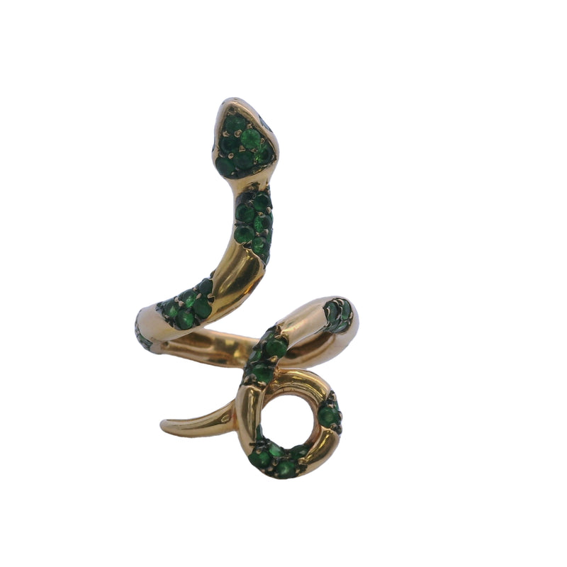 Anillo de serpiente con colmillos y sinuoso de oro amarillo macizo de 14 kt y tsavorita verde intenso, talla 5