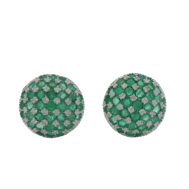 Solid 14kt White Gold Omega-Back Emerald and Diamond Checkerboard Pattern 15mm Earrings