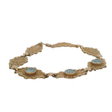 Late Art Deco 1930s 14kt Yellow Gold Filigree Openwork Geometric Link 7.4" Bracelet with 3 Natural Blue Zircons