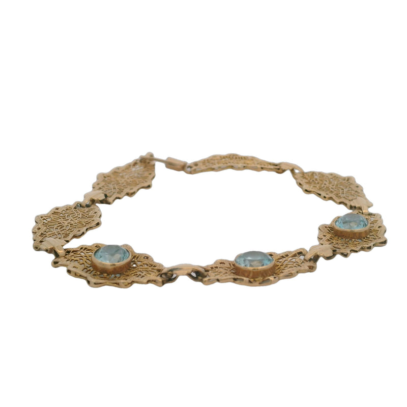 Late Art Deco 1930s 14kt Yellow Gold Filigree Openwork Geometric Link 7.4" Bracelet with 3 Natural Blue Zircons
