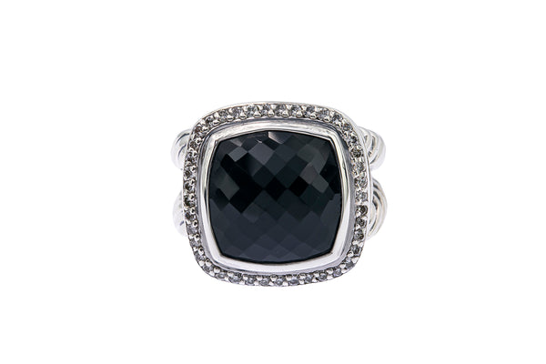 David Yurman 14mm Albion Onyx & Diamond Halo Band 925 Sterling Silver Ring Sz 7