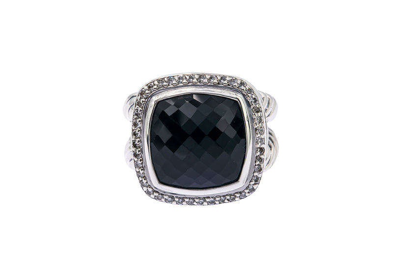 David Yurman 14mm Albion Onyx & Diamond Halo Band 925 Sterling Silver Ring Sz 7
