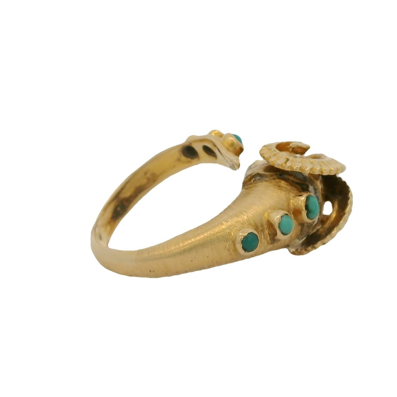 Vintage Solid 18kt Yellow Gold Ram's Head Ring with Turquoise, 3 Diamonds, and Ruby Eyes Size 8