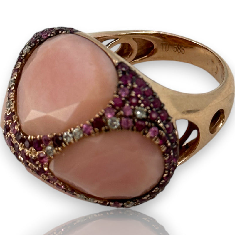 Custom Made Solid 14kt Rose Gold Large Bauble Ring with Simulated Glass Quartz, Lab Rubies, and Diamonds Size 7