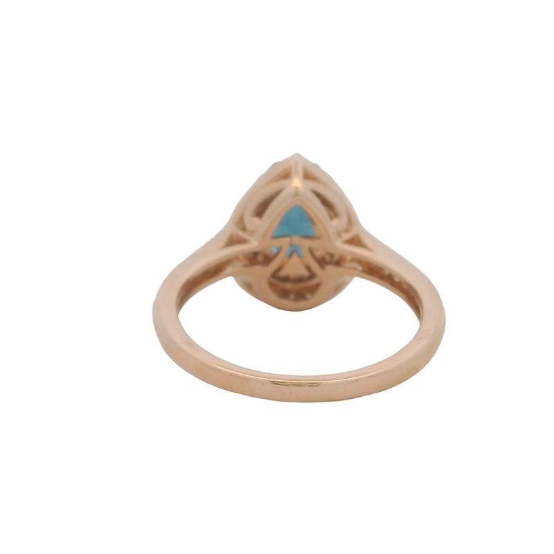 LeVian Solid 14kt Rose Gold Pear Cut Blue Topaz and Diamond Double Halo Ring Size 7