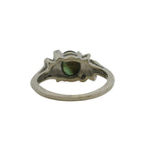 Vintage 1950-70s 14kt White Gold Ring with Center Cabochon 1.55ct Green Star Sapphire in Decorated Leaves Setting with 4 Accent Diamonds Size 5.5