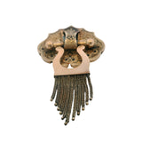1860-1890s Victorian 10kt Yellow Gold Taille d’Epargné Black Enamel Doorknocker Tassel Brooch with Original C Clasp