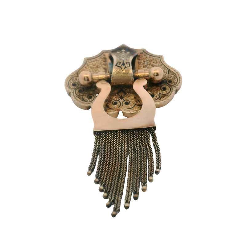 1860-1890s Victorian 10kt Yellow Gold Taille d’Epargné Black Enamel Doorknocker Tassel Brooch with Original C Clasp
