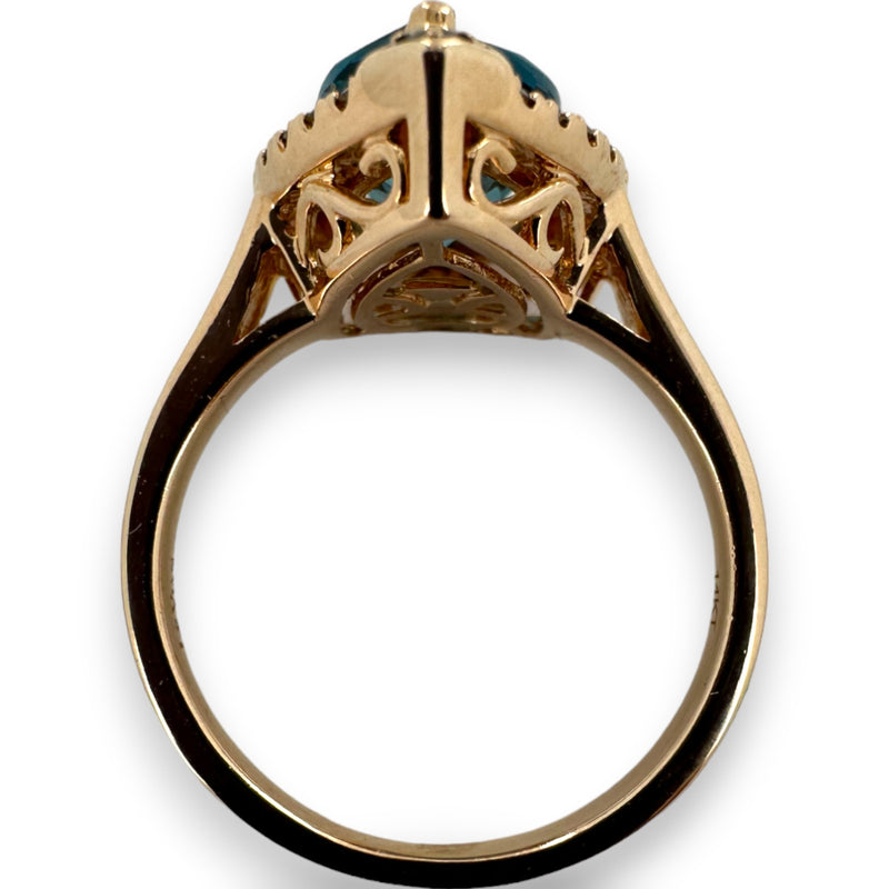 LeVian Signed Solid 14kt Strawberry Rose Gold and Pear Shaped Deep Sea Blue Topaz Ring with Diamond Halo Size 6.75