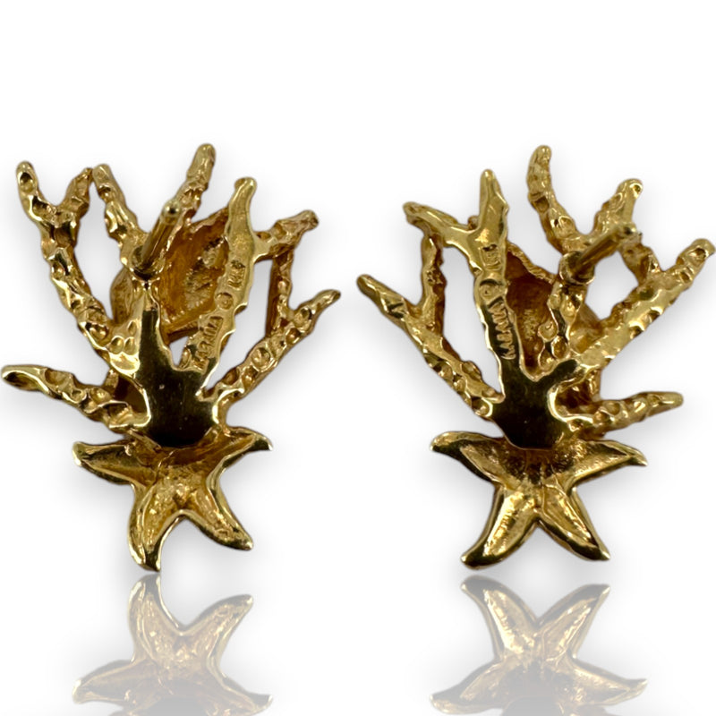 KABANA Solid 14kt Yellow Gold Shell, Starfish, and Coral Ocean Stud Earrings