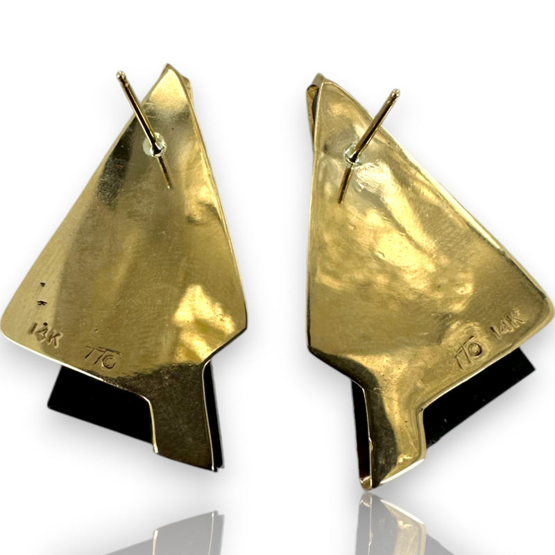 Vintage Solid 14kt Yellow Gold and Onyx 1.3" Long Abstract Triangle Stud Earrings