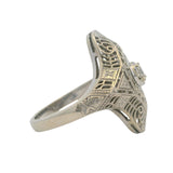 Vintage Mid-Century Deco Revival Solid 14kt White Gold Filigree Dinner Ring with Diamond Size 5.75