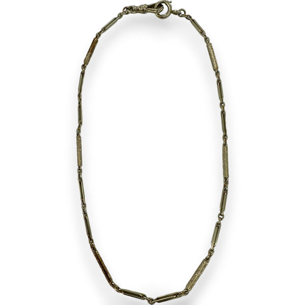1920s Art Deco National Gold Chain Co 14kt White Gold 14" Pocket Watch Engraved Bar Chain Fob