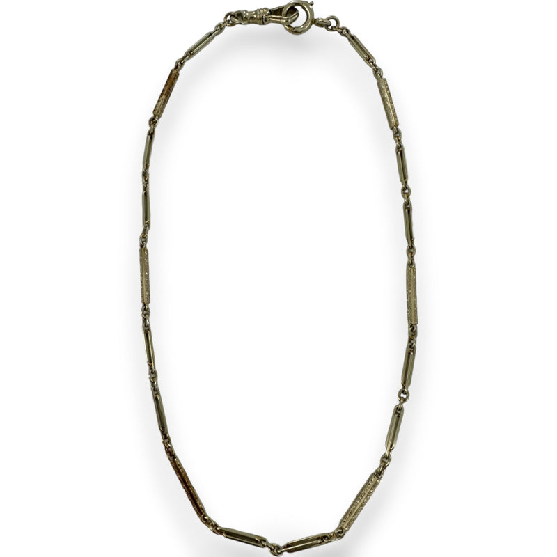 1920s Art Deco National Gold Chain Co 14kt White Gold 14" Pocket Watch Engraved Bar Chain Fob