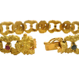 Vintage 1980s Brutalist Solid 18kt Yellow Gold Nugget 8.25" 46.6g Bracelet With Rubies and Sapphires
