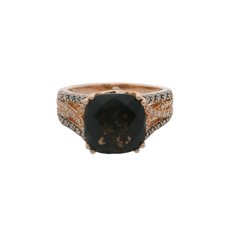 Le Vian Solid 14kt Rose Gold Checkerboard Smoky Quartz and Diamond Cocktail Ring Size 8