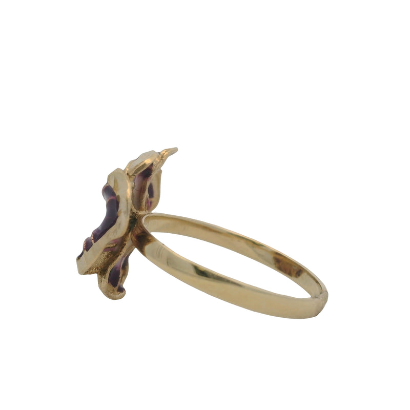 Dyadema Solid 14kt Yellow Gold and Purple Enamel Modern Pansy Ring Size 7