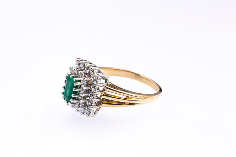 Emerald & Diamond Cluster14K 585 Yellow & White Gold Ring Size 6 1/2