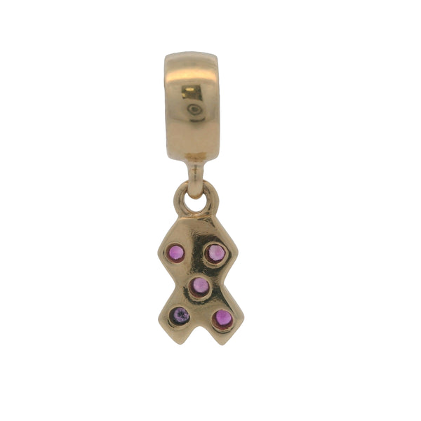 Charm colgante de cáncer de mama de Pandora en oro amarillo macizo de 14 kt y zafiro rosa retirado