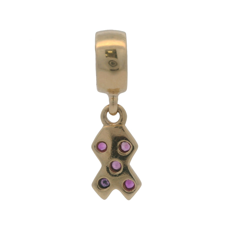 Charm colgante de cáncer de mama de Pandora en oro amarillo macizo de 14 kt y zafiro rosa retirado