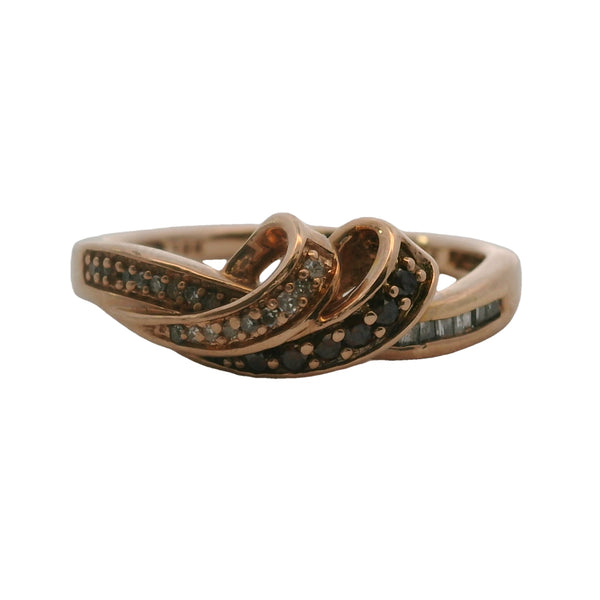 10kt Rose Gold Ribbon Ring with White and Brown Diamonds Size 6.75