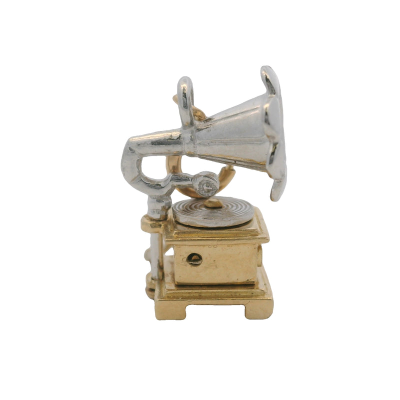 Vintage 14kt White and Yellow Gold Gramophone Phonograph Moving Charm Pendant