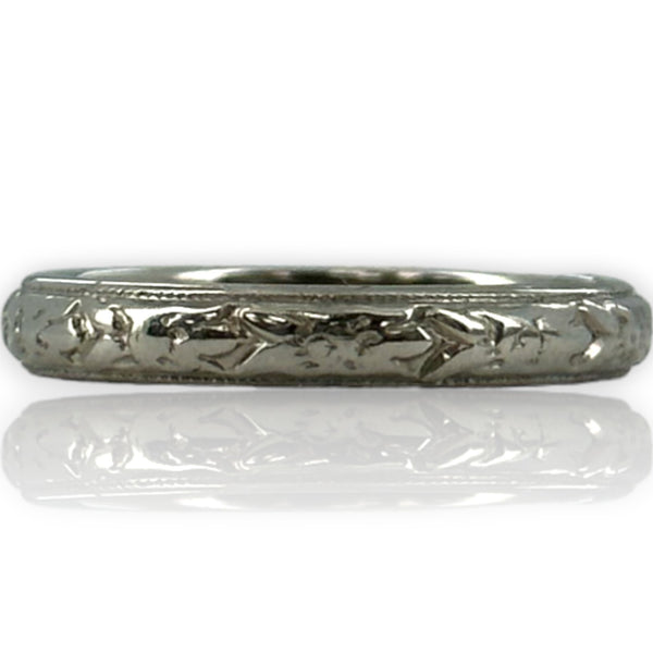 Antique 1911 Wood & Sons (Now ArtCarved) Carved 3mm Band Solid 18kt White Gold Inscribed Feb-26-1911 Wedding Engagement Ring Size 4.5