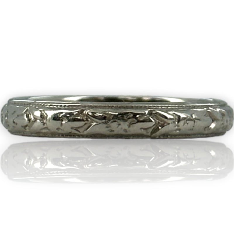 Antique 1911 Wood & Sons (Now ArtCarved) Carved 3mm Band Solid 18kt White Gold Inscribed Feb-26-1911 Wedding Engagement Ring Size 4.5