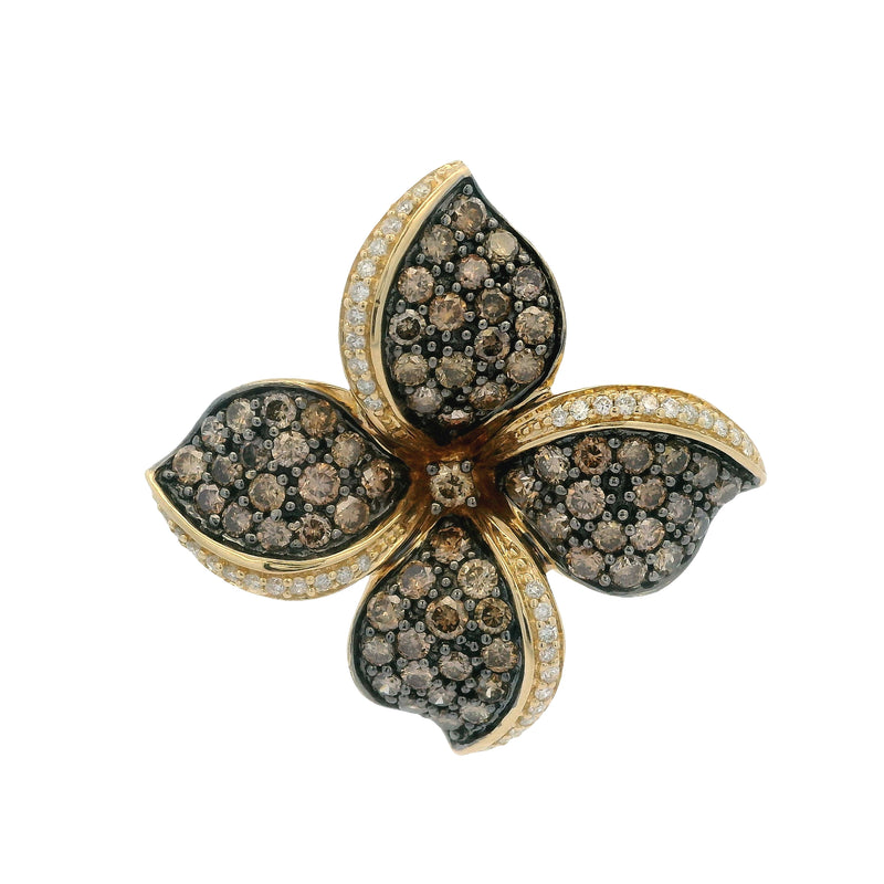 LeVian Chocolatier Solid 14kt Yellow Gold and White and Brown Diamonds 2.35ctw Flower Necklace Pendant