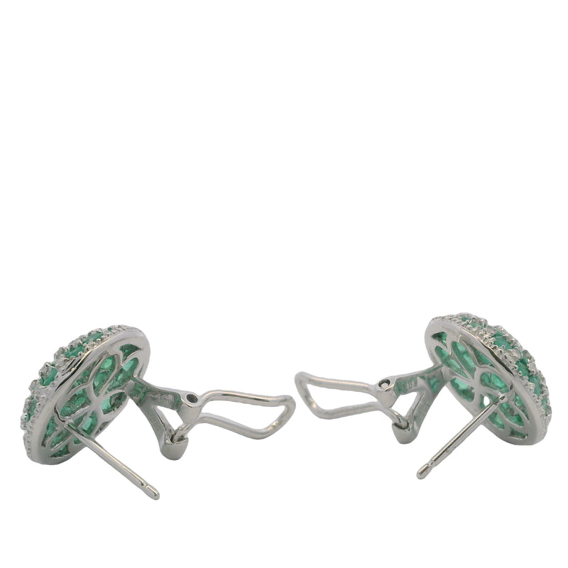 Solid 14kt White Gold Omega-Back Emerald and Diamond Checkerboard Pattern 15mm Earrings