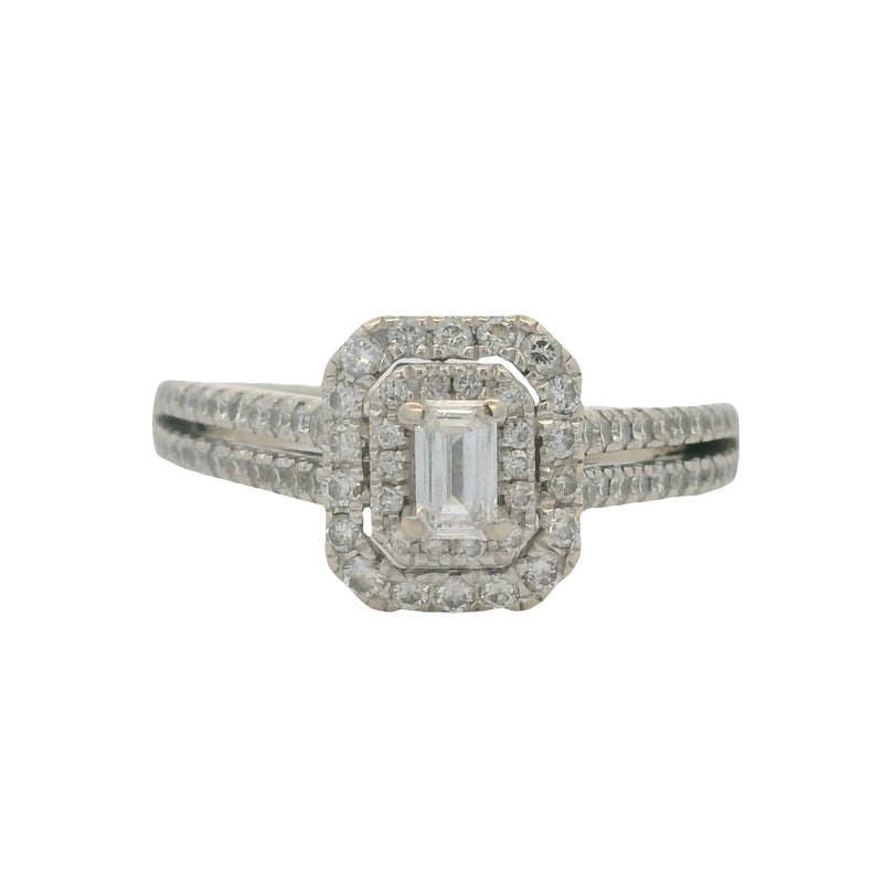 Vera Wang Love Solid 14kt White Gold and Diamond Emerald Cut Double Halo Engagement Ring Size 8.75