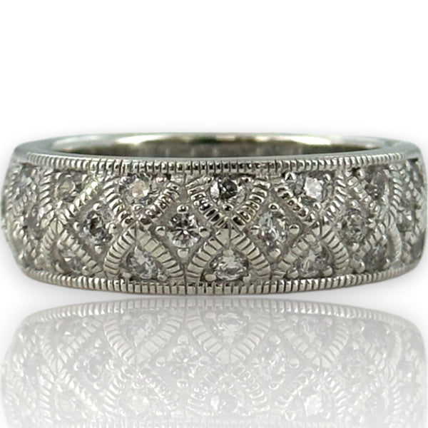 Vanna K 925 Sterling Silver and CZ Cubic Zirconia Geometric Milgrain 6.7mm Thick Band Size 8