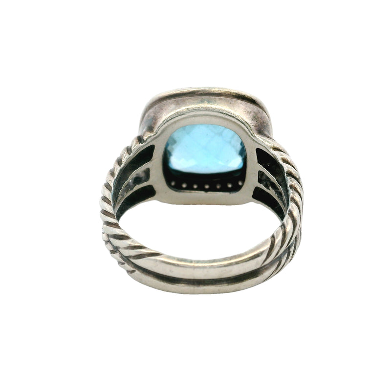 David Yurman 925 Sterling Silver Blue Topaz and Diamond Halo 16mm Wide Albion Ring Size 7.5