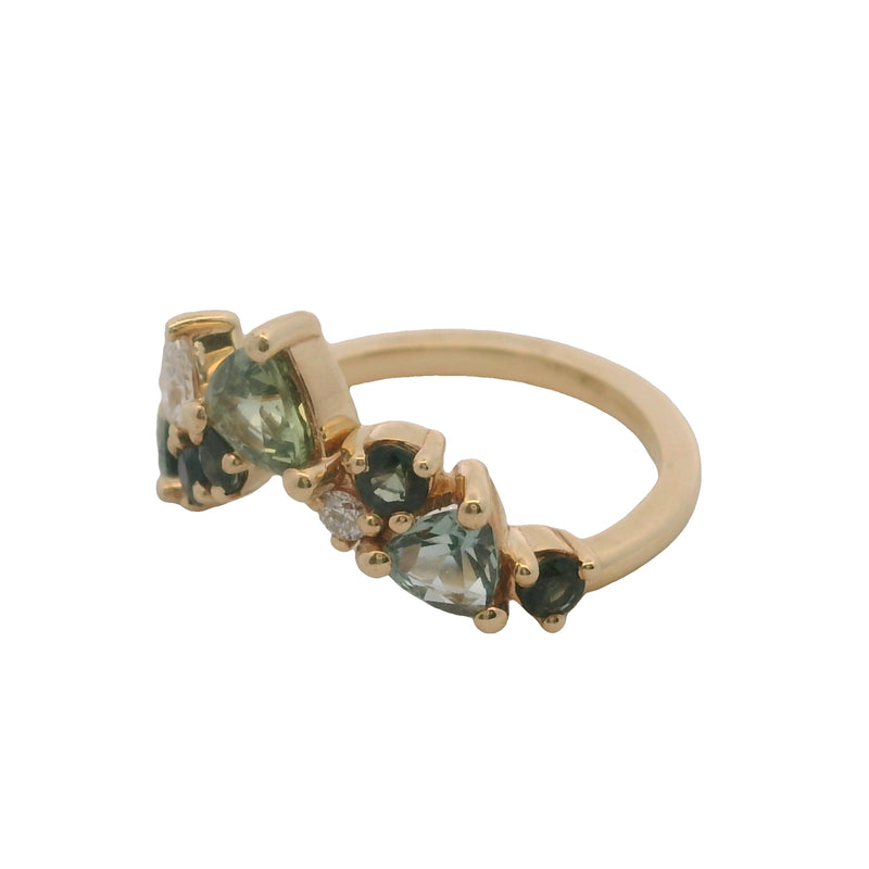 14kt Yellow Gold Blue and Green Sapphires and Diamond Chevron Crown Ring