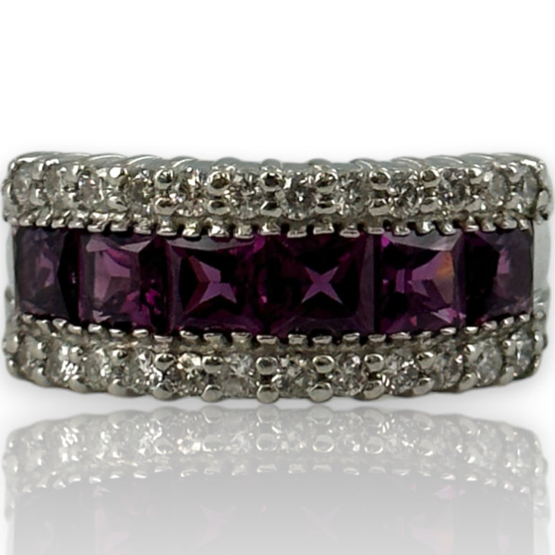 EFFY 14kt White Gold 9.6mm Wide Amethyst and Diamond Band Size 9 Ring