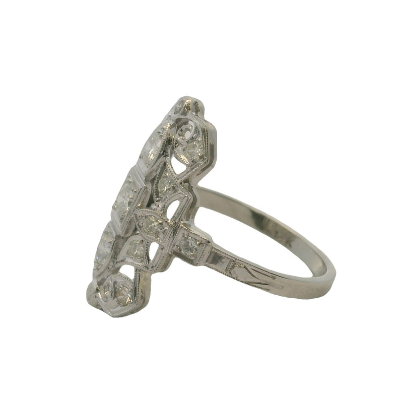 Antique 1920s Art Deco 14kt White Gold and Diamond 23mm Long Milgrain Filigree Dinner Ring Size 8.5