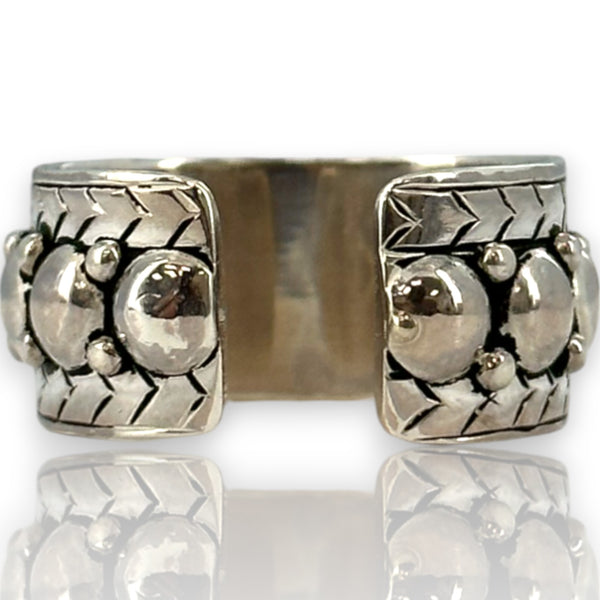 Yelli Jewels Handmade Moroccan 925 Sterling Silver Double Studs Adjustable 9.8mm Band Ring with Hand-Chiseled Details