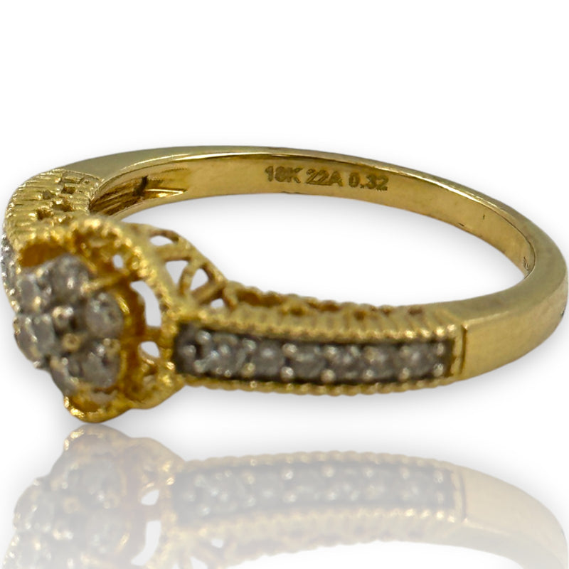 VJS Jewelry Solid 18kt Bright Yellow Gold Filigree Diamond Cluster Flower Ring with Diamond Sides Size 7