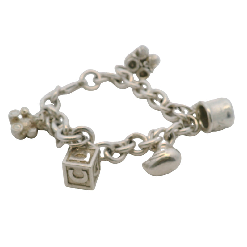 Vintage 925 Sterling Silver Baby Charm Bracelet with Teddy, Cup, Block, Duckie, and Shoes