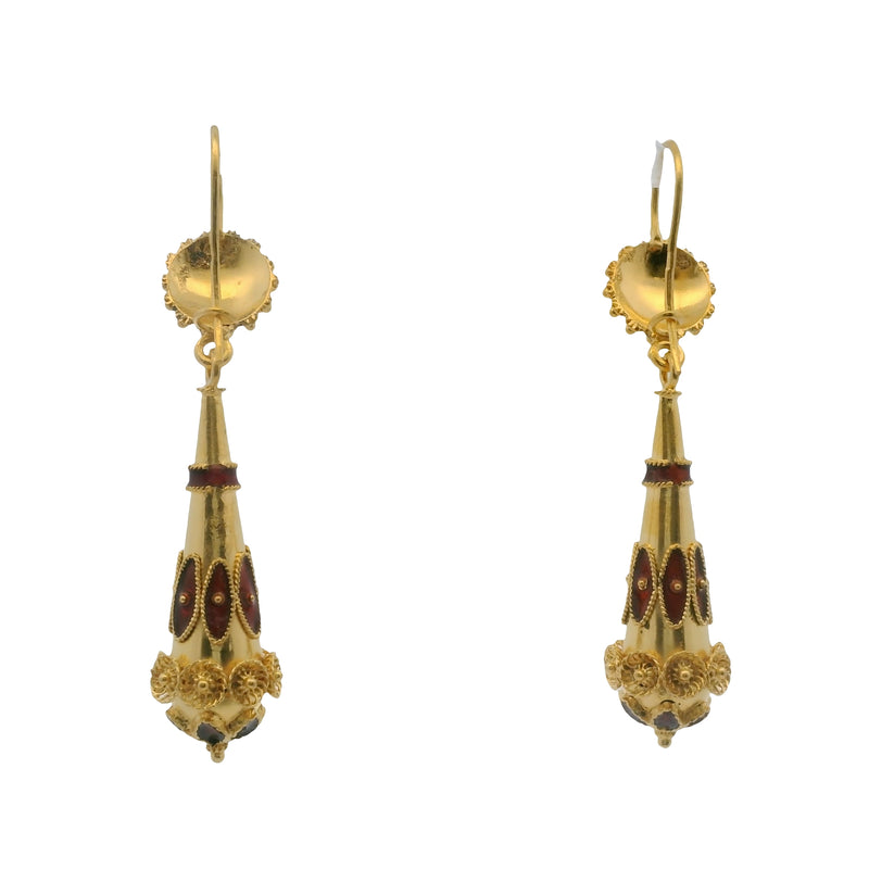 Vintage Solid 14kt Yellow Gold and Red Enamel Etruscan Style Drop/Dangle Hook Earrings