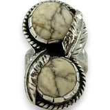 Handmade 925 Sterling Silver and Natural Howlite 2-Stone Full Finger Ring with Leaf Motifs and Hammered Band Size 7.5
