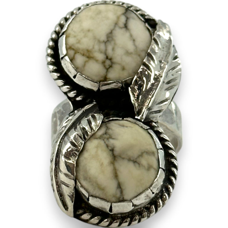 Handmade 925 Sterling Silver and Natural Howlite 2-Stone Full Finger Ring with Leaf Motifs and Hammered Band Size 7.5