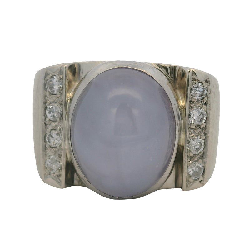 Vintage Mid-Century 14kt White Gold Lavender Star Sapphire and Diamond Wide Band Ring Size 10