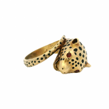 Vintage 1980s EFFY 18kt Solid Yellow Gold and Black Enamel Cheetah Ring with Ruby Eyes Size 7.25