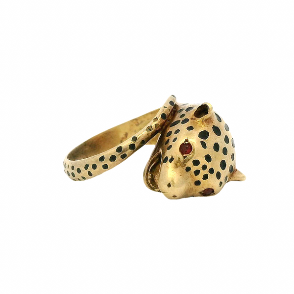 Vintage 1980s EFFY 18kt Solid Yellow Gold and Black Enamel Cheetah Ring with Ruby Eyes Size 7.25