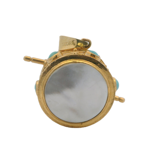 Sidra Jewels 18kt Yellow Gold Drum Pendant with Mother of Pearl, Turquoise, and Freshwater Pearls
