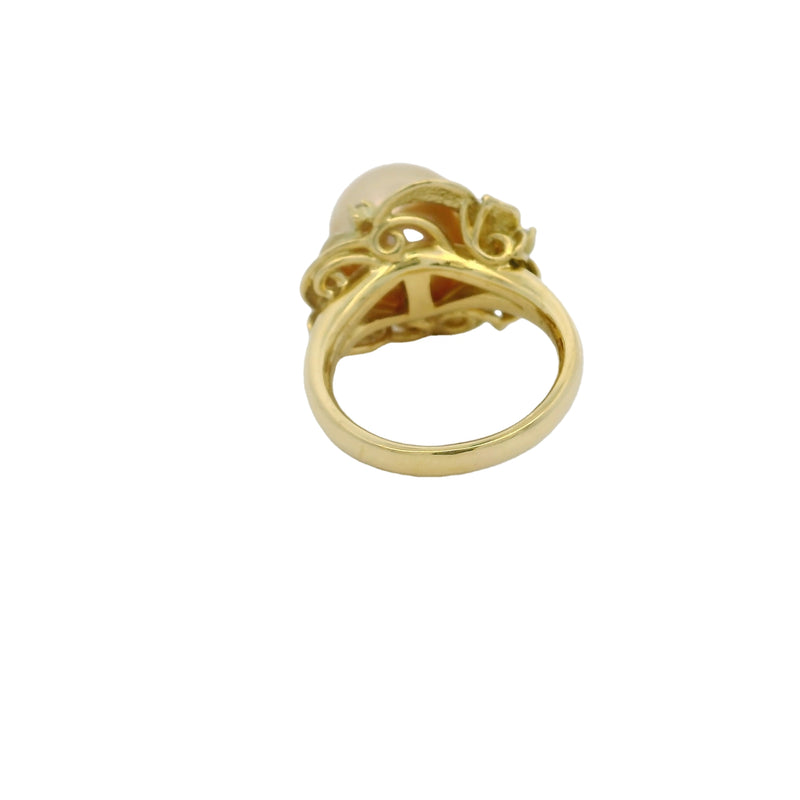 c1960-80s 18kt Yellow Gold 11.6mm South Sea Golden Pearl and Diamonds Leaf Motif Cocktail Ring Size 6