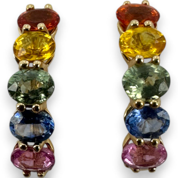 LALI Jewels 14kt Yellow Gold Snap Closure Huggie Earrings with Rainbow of Multi-Colored Sapphires